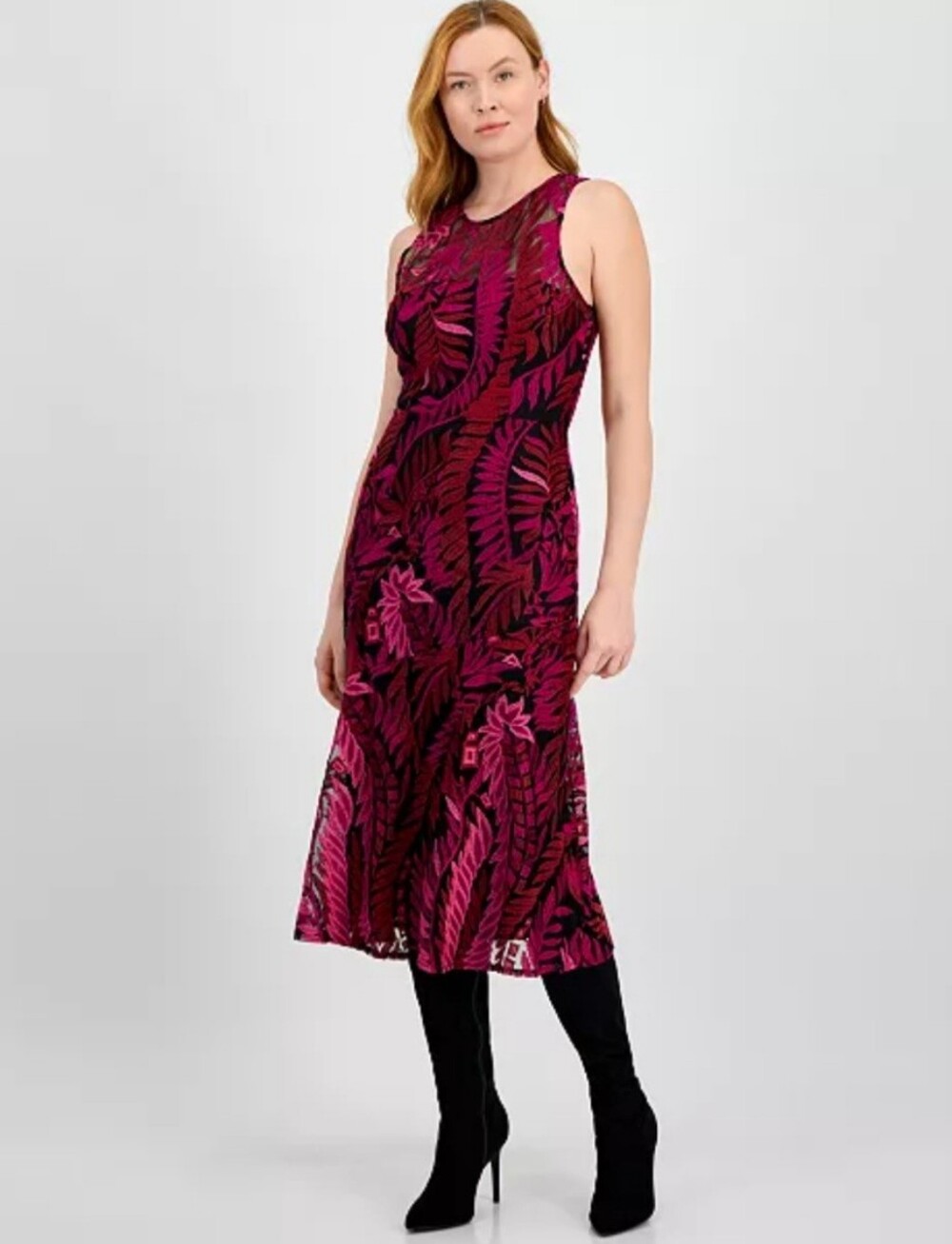 Sam Edelman Magenta & Black Floral Leaf Midi Dress